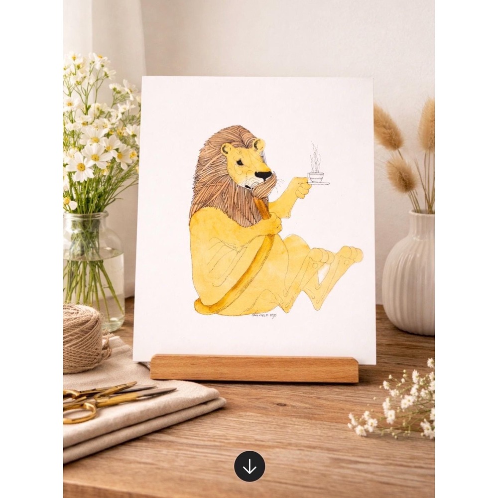 Vintage Caulfield Lion Drinking Tea Art Print Unisex OS Whimsical Eclectic Art